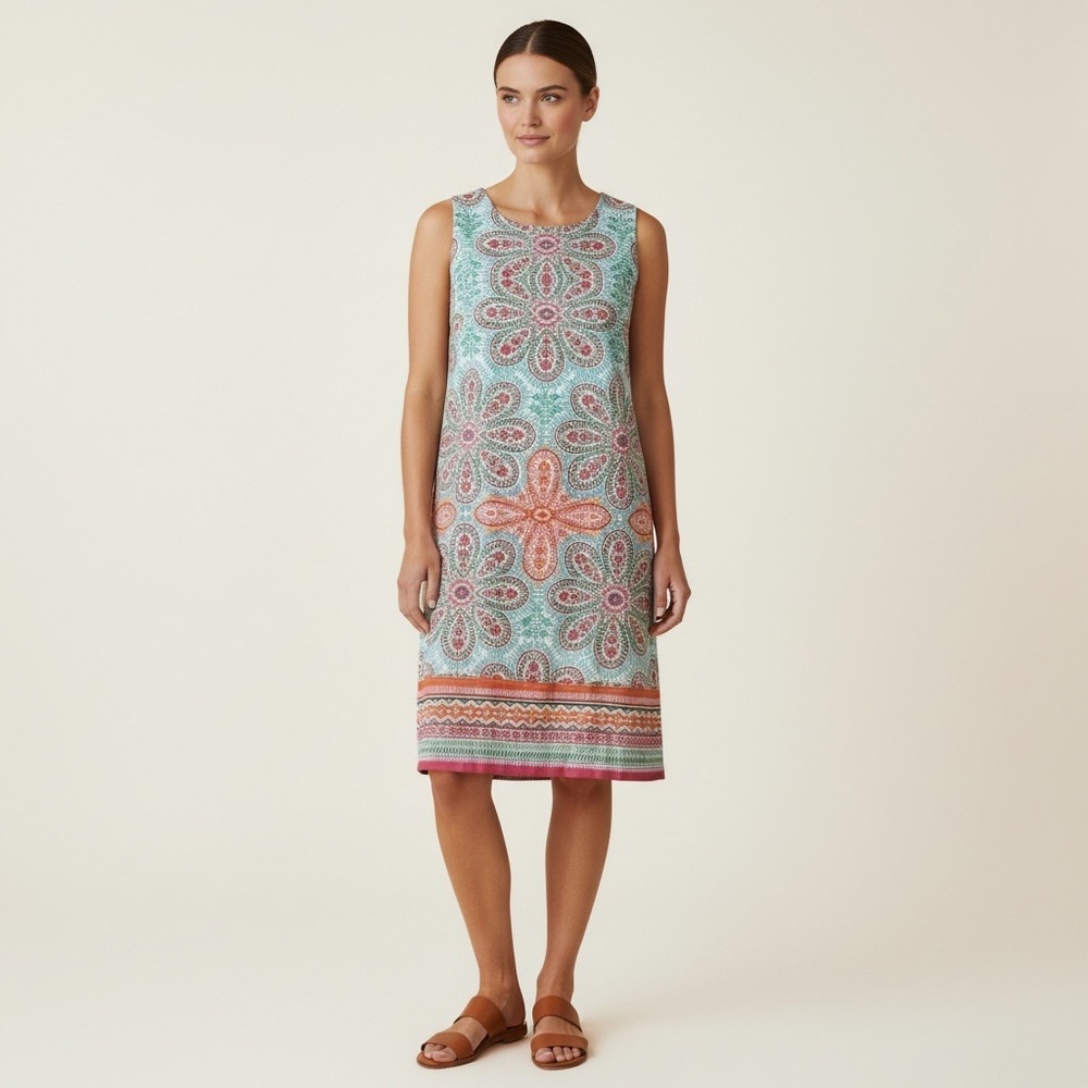 London‎ Style Womens Printed Dress Mini Sleeveless Back Zipper Cotton Blue Pink